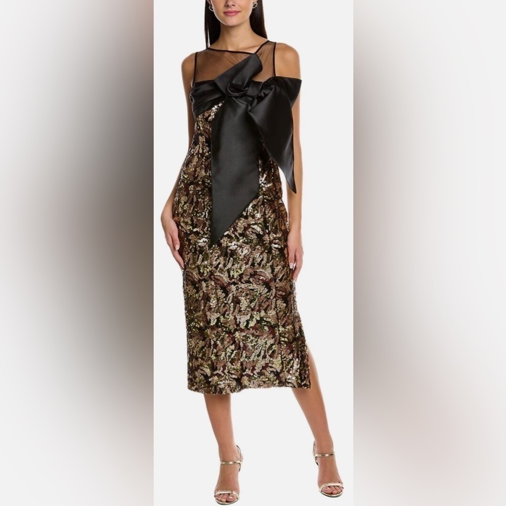 JS Collections Women Sequined Bow Dress Black Gold Size 6 8616175 Midi Wedding